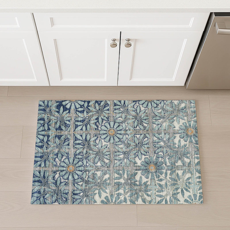 Machine Washable Indoor/Outdoor Chantille ACN2775 Floral Rug, Seafoam, 1'8" x 2'6"