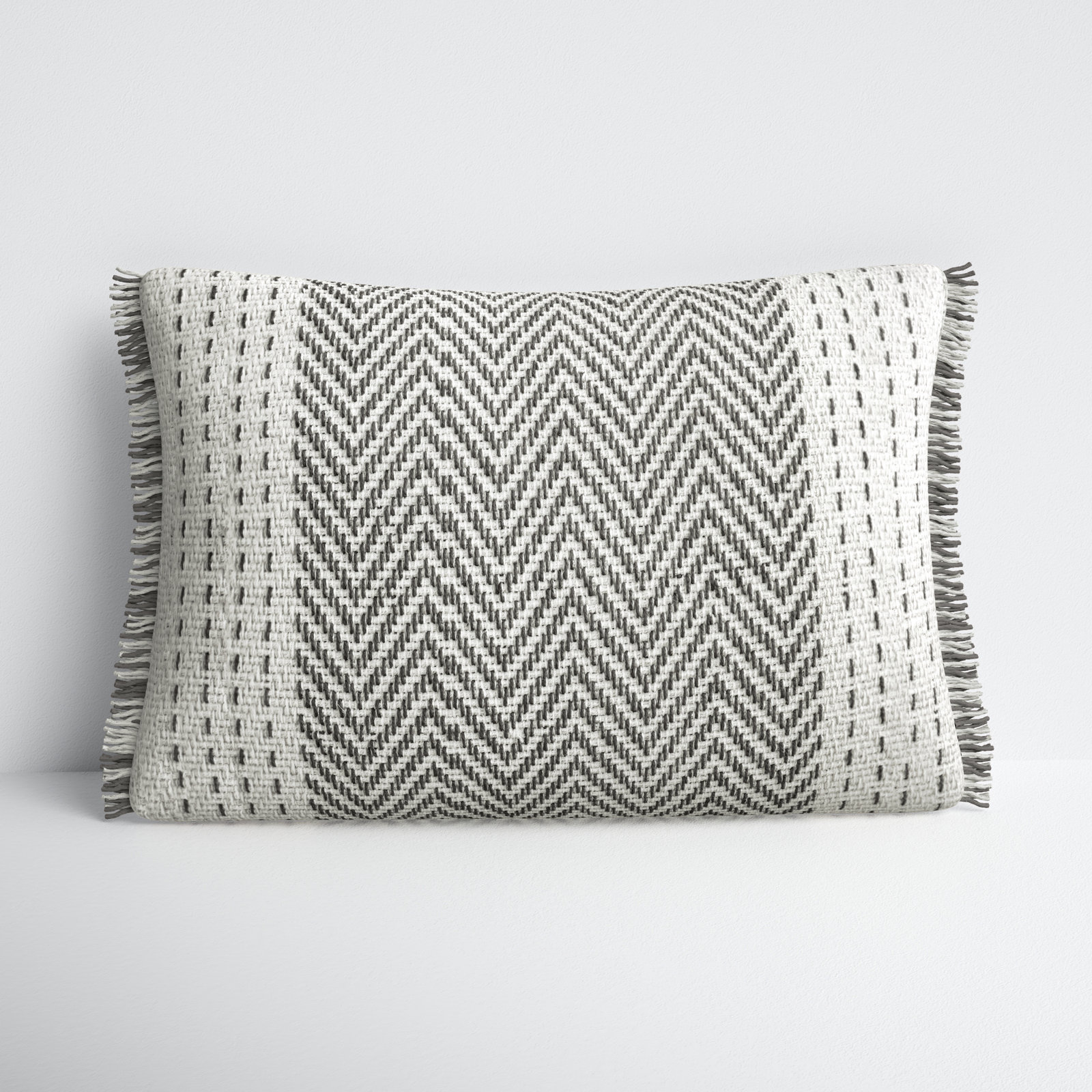 Carey Fringed Cotton Lumbar Pillow Cover, Gray/Ivory