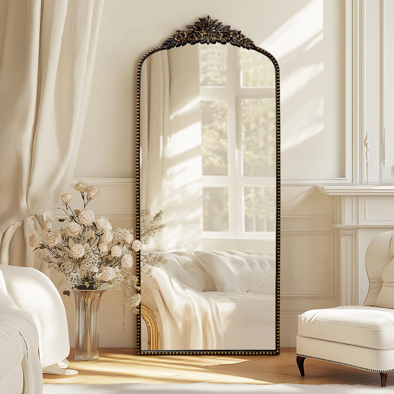 Vintage Full Length Wall Mirror with Ornate Metal Frame, 75" x 30", Black