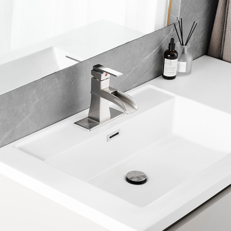 Brushed Nickel Bathroom Faucet, Waterfall Basin Spout, Deck Plate, Pop Up Drain, Supply Lines, One Handle, Contemporary Style Faucet Spout With Finish, Geometric Design Tap Mixer Valve