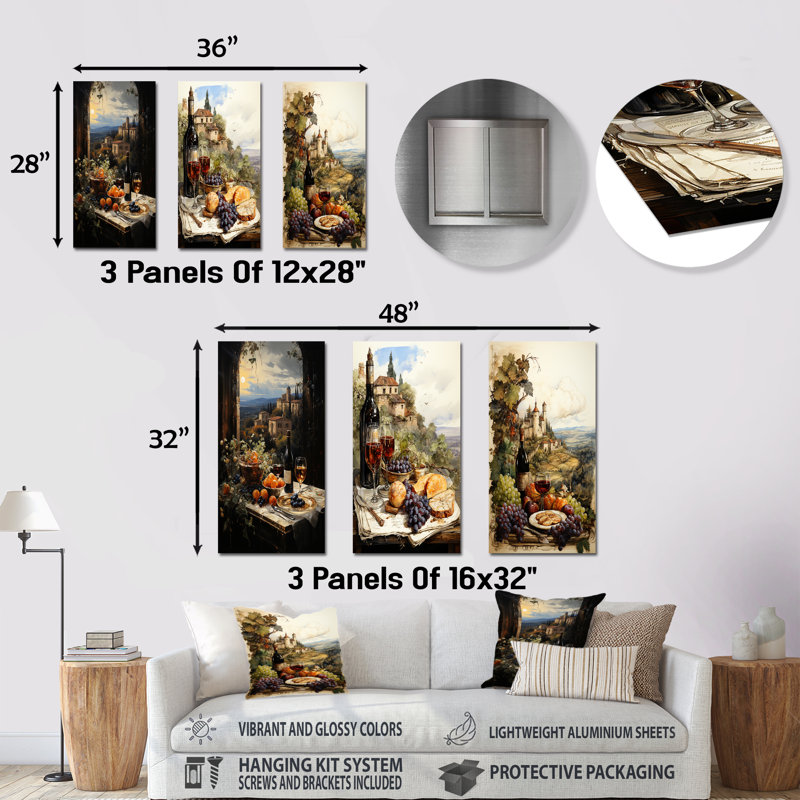 «Italian Wine Savory Journey», ensemble de 3 reproductions d'art mural en métal, H 32 po x l 48 po