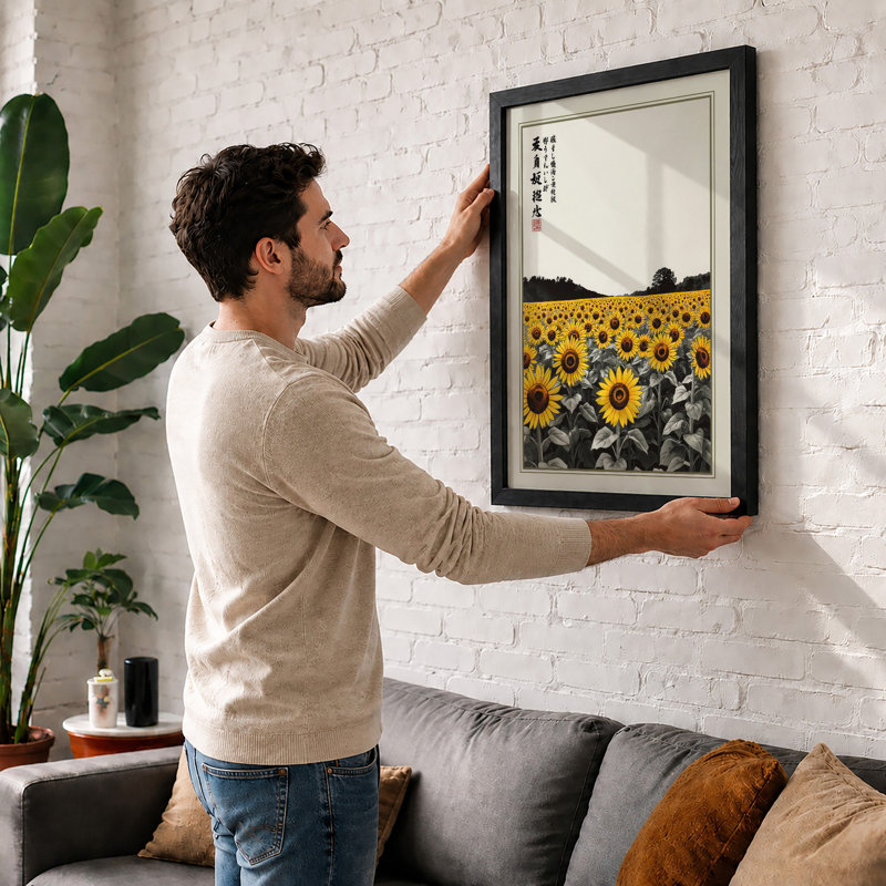 Sunflower Fields Japandi - Framed Print, Oak, A3 - 42.0 x 29.7 cm