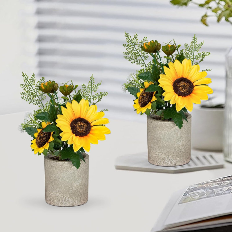 Décor de tournesols artificiels, paquet de 2 plantes en pot, fausses fleurs jaunes en pots, tournesol artificiel pour salle de bain