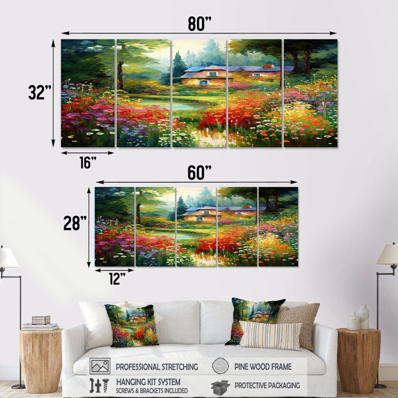 Maison de campagne dans un champ de fleurs éclatantes - ensemble de décorations murales paysage 5 pièces, H 32 po x l 80 po