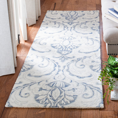 Tapis bleu marine / crème en laine touffeté à la main Hicat Ikat