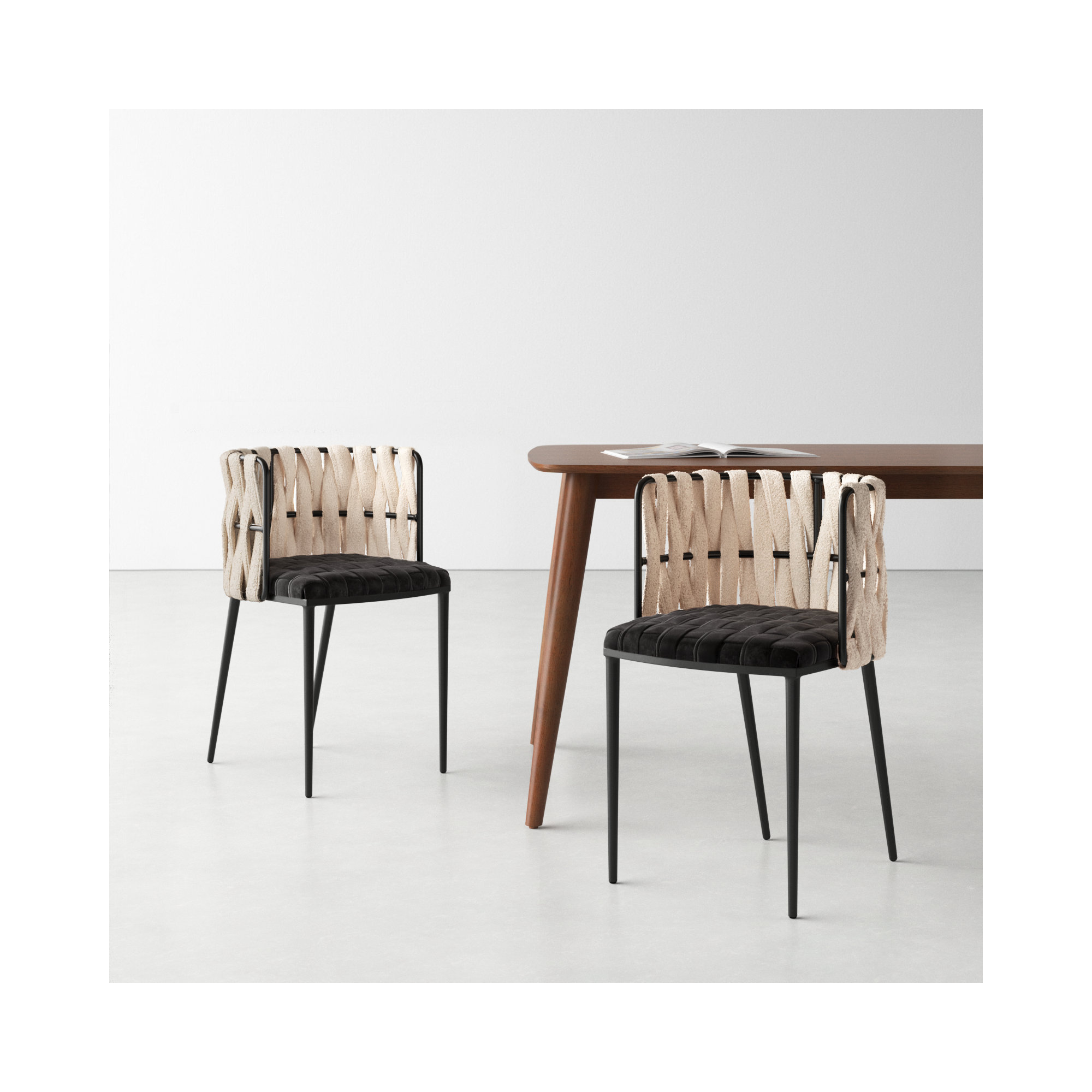 Tyrone Tufted Dining Arm Chair, Black/White Velvet, Black