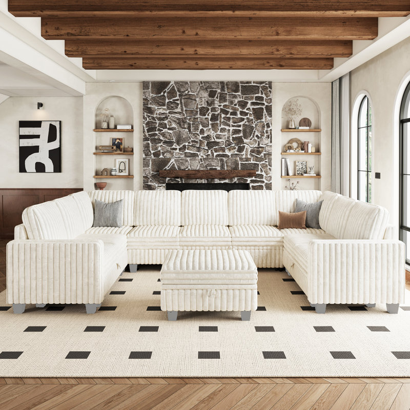 Storage Couch Large U - Shaped Faux Fur Sectional Sofa Modular  Sofa Bed With Ottoman, Beige  Faux Fur