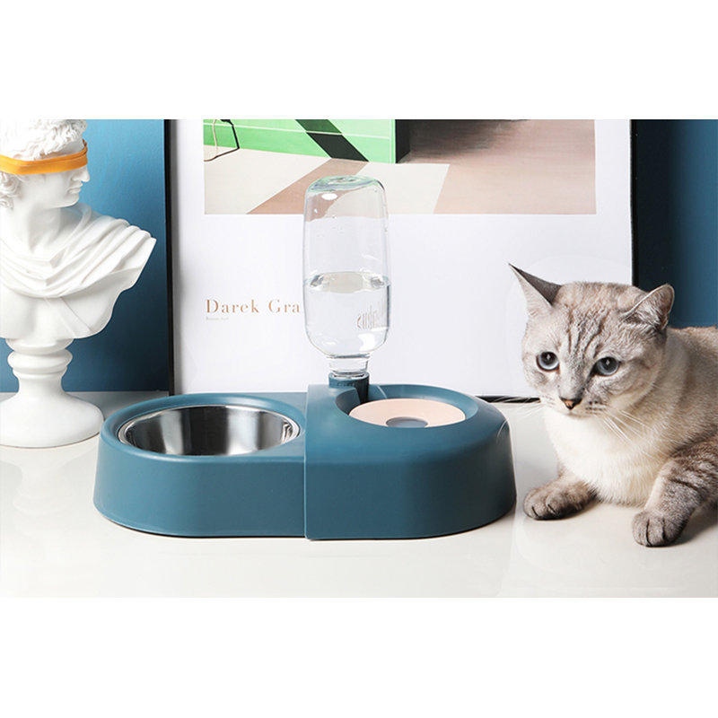 Blue Stainless Steel Pet Feeder with Automatic Water Dispenser