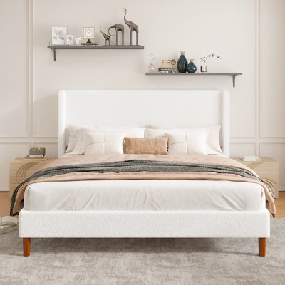 Structure de très grand lit, lit plateforme tapissier avec tête de lit à oreilles Boucle, support de lattes en bois robuste, sommier anti-bruit sans sommier, assemblage facile, blanc