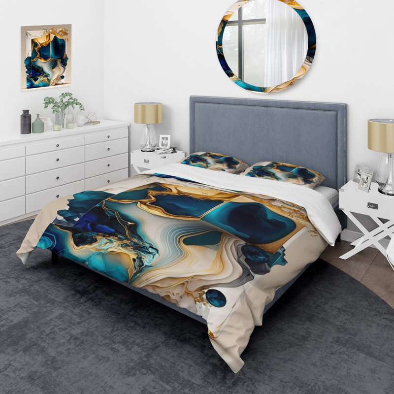 Ensemble de housse de couette en microfibre / polyester à motif abstrait géométrique en marbre bleu