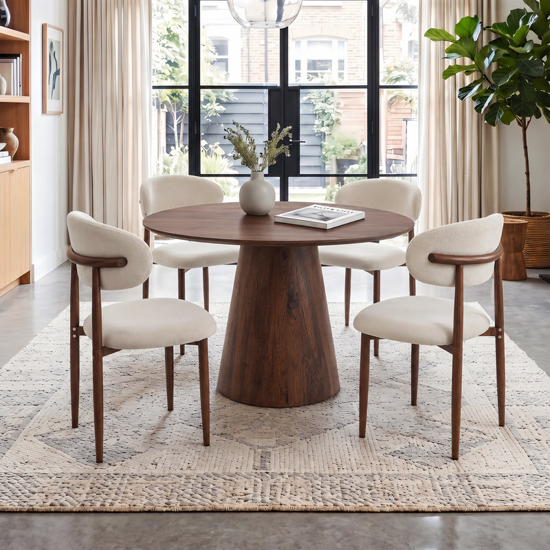 Ensemble de table de salle à manger à piédestal 45,2 po, Ensemble de cinq pièces : table, quatre chaises, Beige / noyer