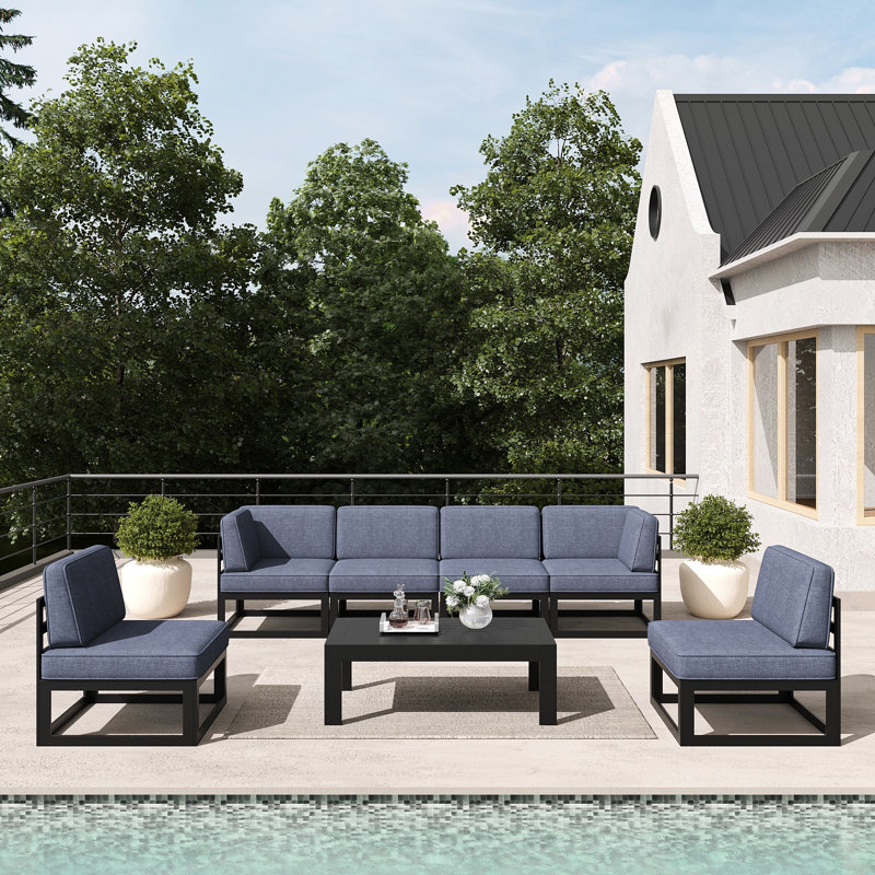 7 - Piece Outdoor Modular Sectional Set with Coffee Table, Navy Blue