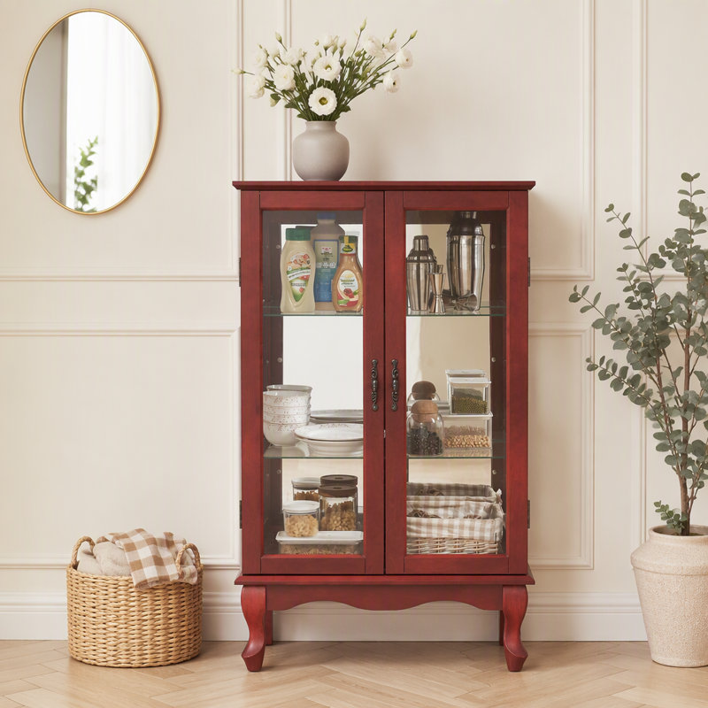 2 Doors Curio Cabinet with Tempered Glass Doors, Mirrored Back Panel