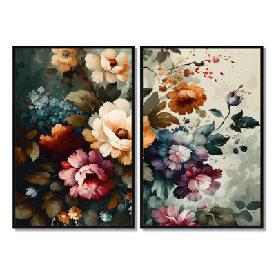 Blooming Vintage Flowers III - Art mural sur toile orange traditionnel 2 pièces