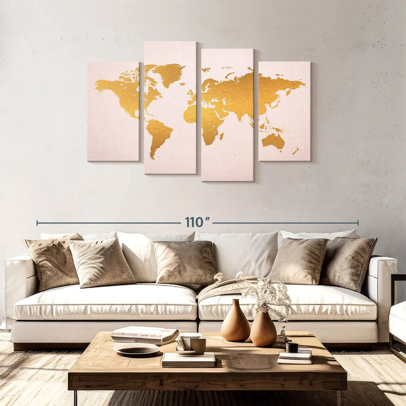 Or Aliaz sur une carte du monde rose, H 48 po x l 75 po