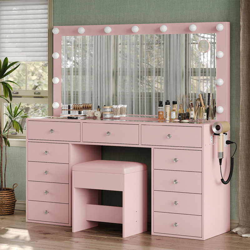 Coiffeuse de maquillage avec miroir et lumières, 3 modes d'éclairage, bureau de coiffeuse avec prise de courant, coiffeuse à 13 tiroirs, coiffeuse pliante