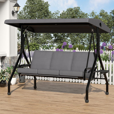 3-Person Outdoor Swing Chair with Stand, Adjustable Canopy, Removable Thick Cushions & Foldable Side Tables – Patio Porch Swing for Backyard, Garden, or Sunroom