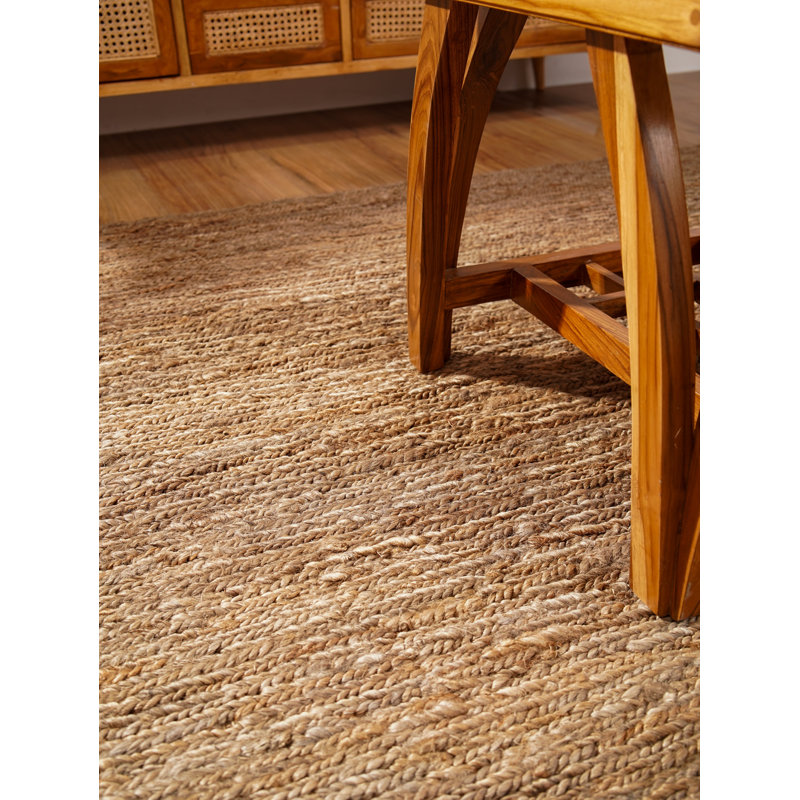 Tapis Heller noué à la main en jute Sumak écologique - 183 x 183 cm, carré, brun clair, motif uni, poils longs, fibre naturelle, intérieur/extérieur