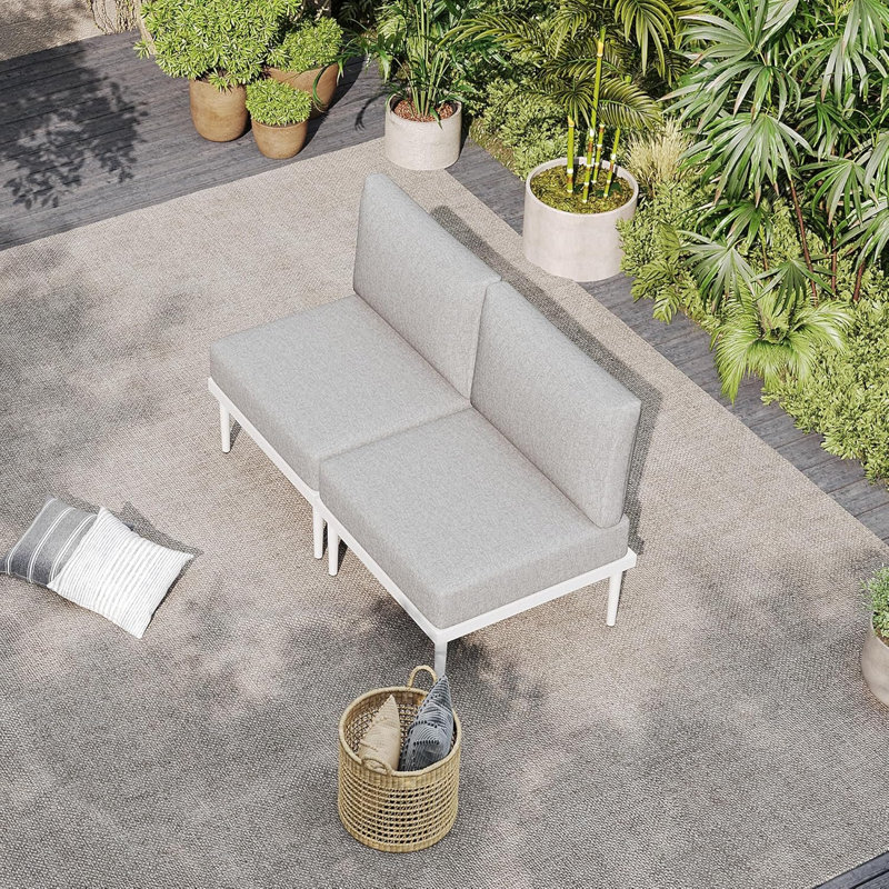 2-Person Metal Patio Furniture Set with Olefin Cushions, Armless Chairs, White