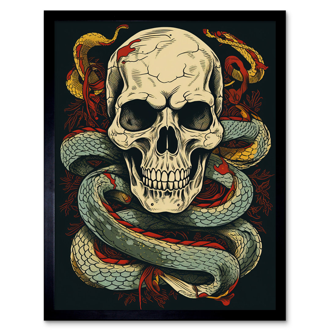 Qunitero Skull Snakes Old School USA Tattoo Ink Body Art Rockabilly Americana - Single Picture Frame Print