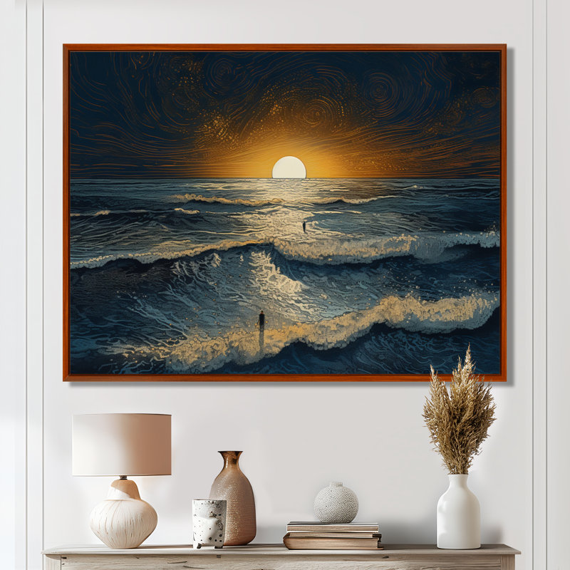 Alone On The Waves Majestic Ocean Sunset - salon d'art mural plage et océan, Toile avec cadre flottant brun