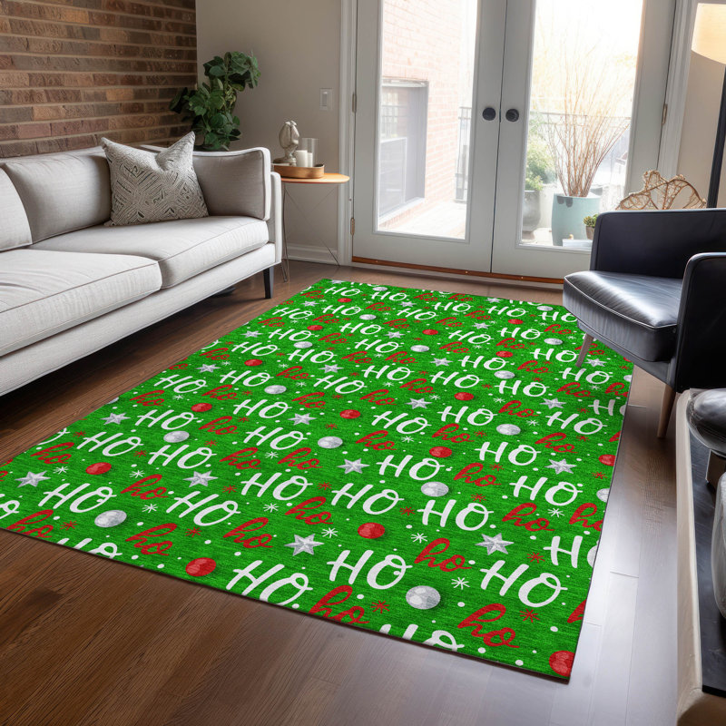 Machine Washable Indoor/Outdoor Snowflake Ho Ho Ho Xhevrie Green Rug, Rectangle 9' x 12'