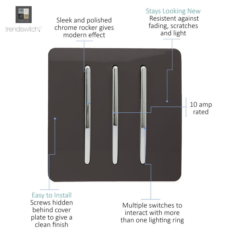 Trendi Switch 3 Gang 1 or 2 way Rocker Light Switch, Dark Brown
