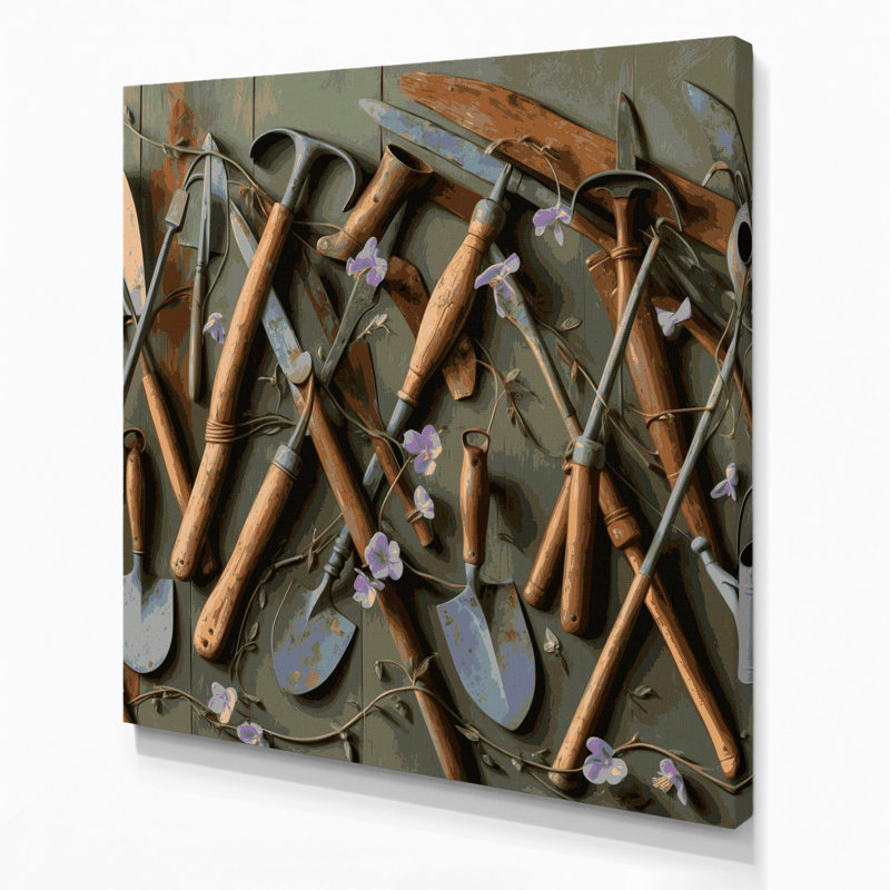 «Farm Garden Tools», art mural sur toile brune, H 12 po x l 12 po