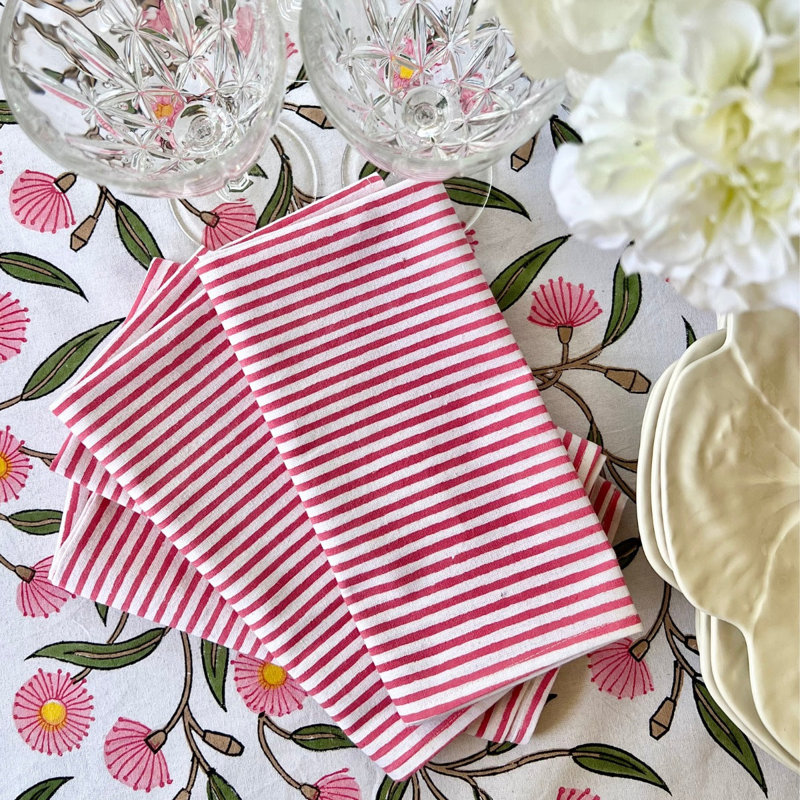 Pink Striped Napkins - Block printed, White/Pink