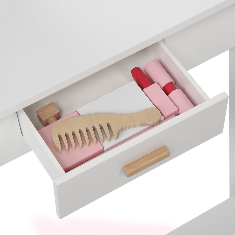 Lighted Mirror Kids Vanity Set, Wooden Dressing Table with Stool and Storage for Pretend Play