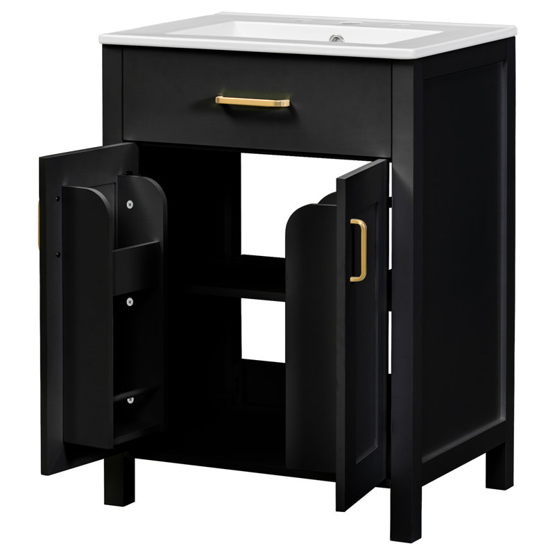 Meuble-lavabo de 48 pouces avec lavabos doubles en céramique, fonctionnalité de fermeture en douceur, tiroir rabattable et construction pour la mise à niveau