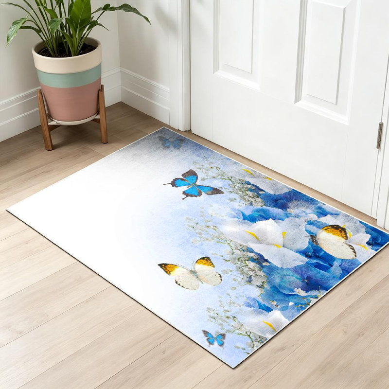 Blue Flowers Butterfly Hydrangeas White Irises Flower Summer Machine Washable Indoor Area Rug