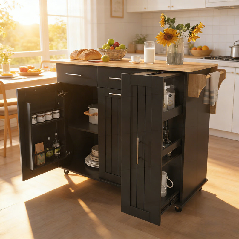Îlot de cuisine polyvalent avec abattant, organisateur coulissant à 3 niveaux, tablettes réglables, roulettes et grand espace de rangement pour les cuisines modernes.