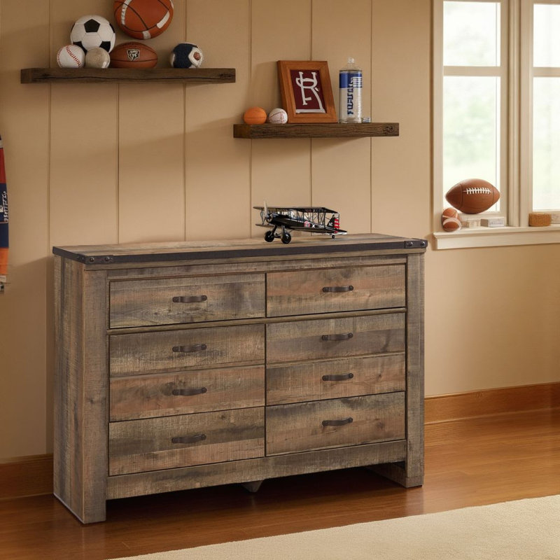 Zoey Wide Dresser, 6 Wide Storage Drawers, Rustic Brown Plank Details