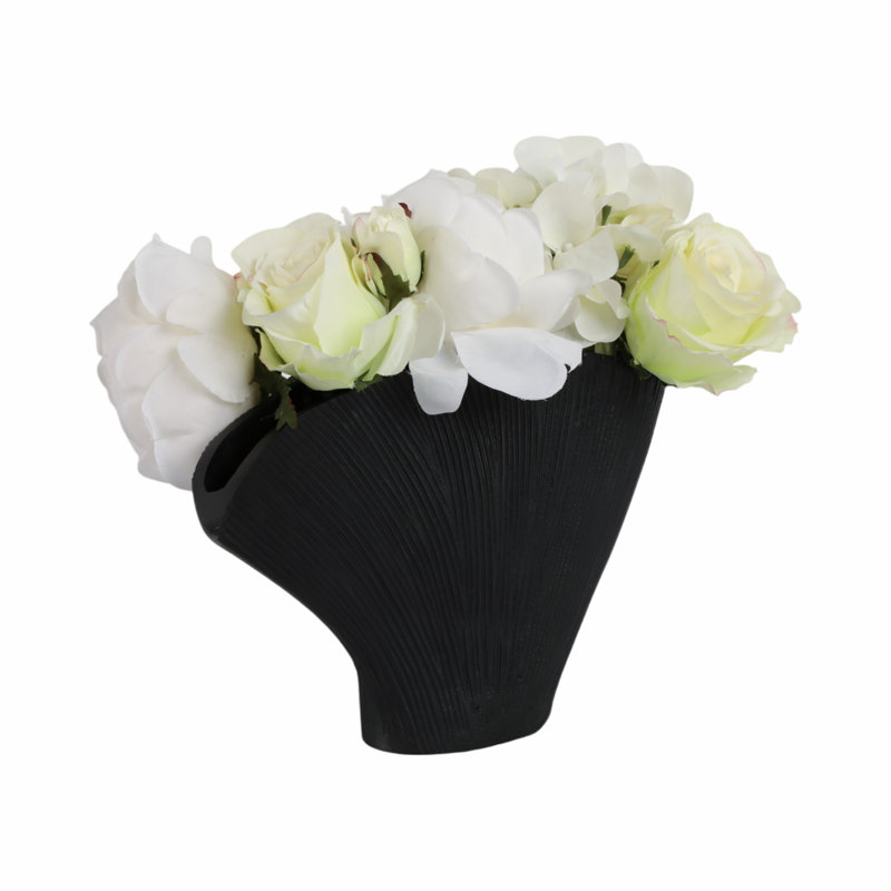 Modern Aluminum Metal Vase with Sculptural Design and Textured Finish, 7" H x 12" W x 3" D