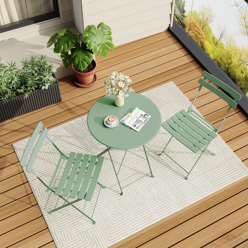 3 Piece Outdoor Folding Bistro Set, Metal Frame Patio Table and Chairs, Foldable Balcony Furniture, Green