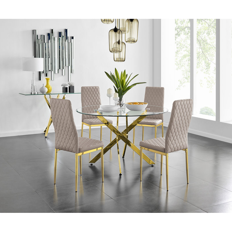 Eubanks 4-Person Round Dining Set, Cappuccino/Gold, Gold