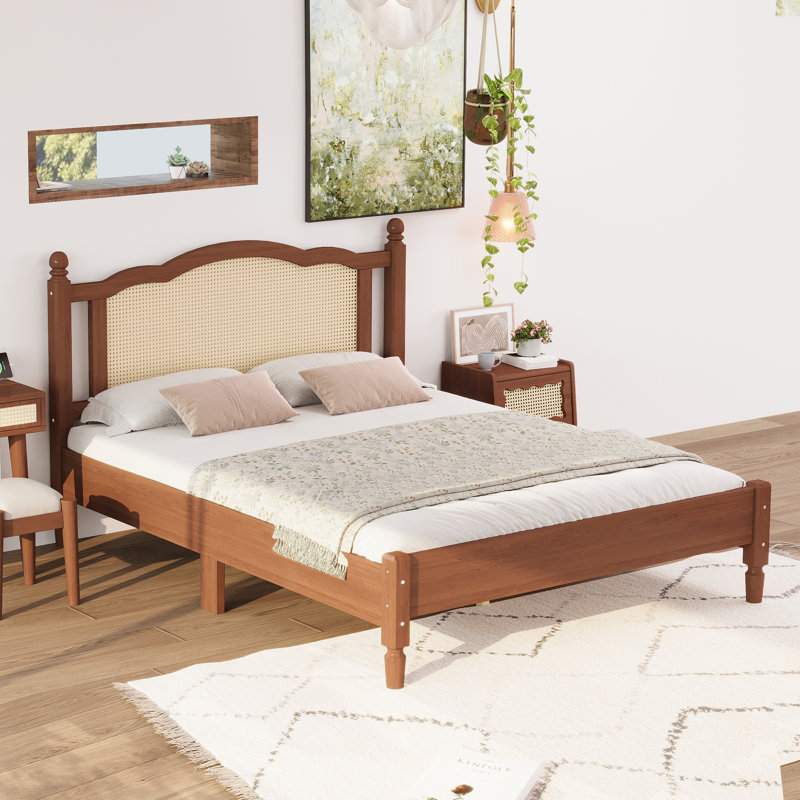 Wooden Platform Underbed Storage Bed with Natural Rattan Headboard, Minimalist Design, No Box Spring Needed, Walnut, Queen