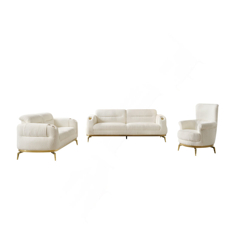 Ensemble de salon 3 pièces (canapé + causeuse + chaise) en bois et or, Crème, crème