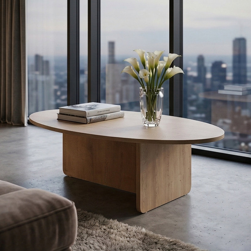 Aurelia Modern Oval Coffee Table With Architectural Slab Base, Oak