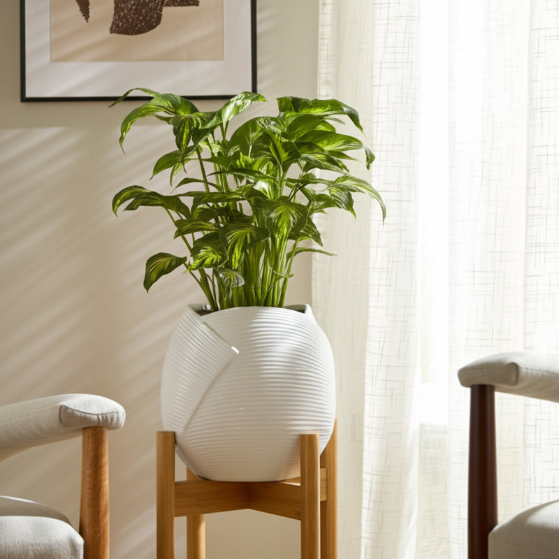 Planter Stoneware Textured Modern Design Indoor Outdoor Home Garden Decor Container - 7" White