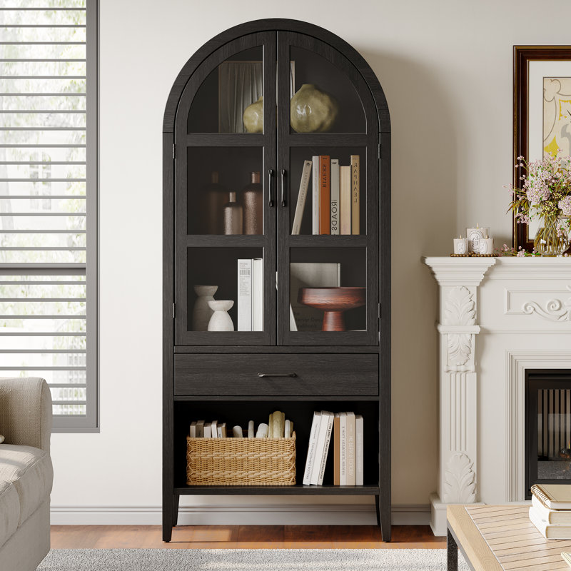 71" Tall Arched Bar Cabinet With Detachable Wine Rack, Storage Display Cabinet, Farmhouse Storage Bookcase, Black