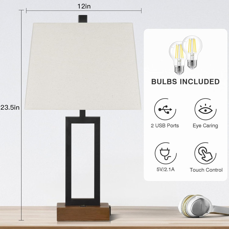 23.5'' Black Metal Table Lamps with Linen Shades and USB Ports, Set of 2