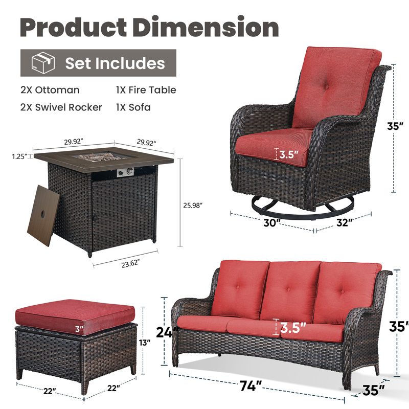 Schutt Wicker Rattan 5 Person Outdoor Seating Group with Fire Pit, Rocking Swivel Chairs, Sofa and Ottomans, Brown, Red