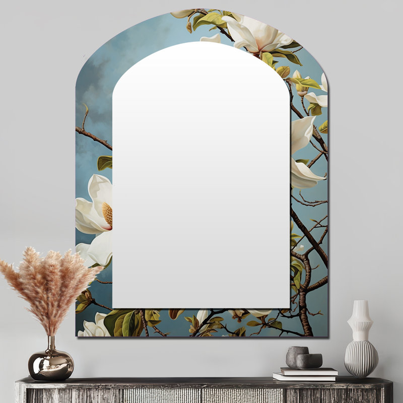 Blanc blanc jaune Magnolias Magnolia Harmony - grand miroir en arc Magnolias, décor de miroir mural asymétrique traditionnel, art en métal imprimé