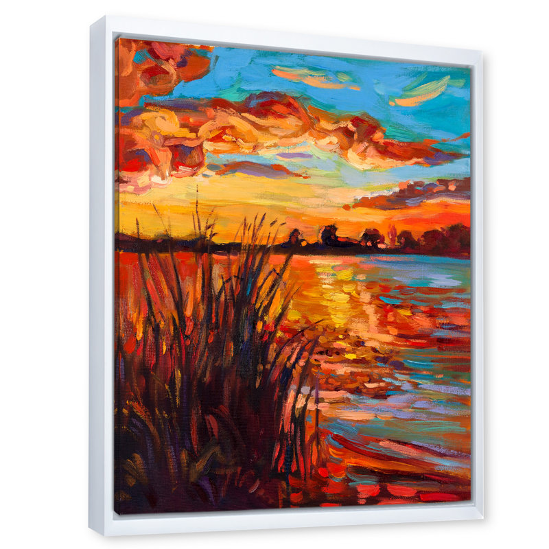 «Sunset Evening Glow At The Lake I», peinture sur toile, H 40 po x l 30 po x 1,5 po, Cadre flottant blanc