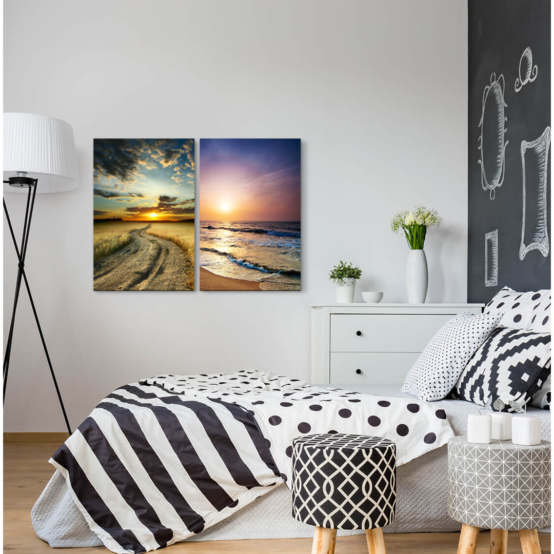 2-tlg. Leinwandbilder-Set - Fotografie „Wheat Field Path Horizon Sunset Ocean Beach Clouds”