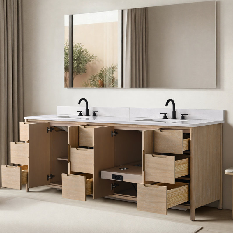Meuble-lavabo autoportant de 84 po avec plateau en pierre Milano Mist, tablette électrique dissimulée et support pour sèche-cheveux