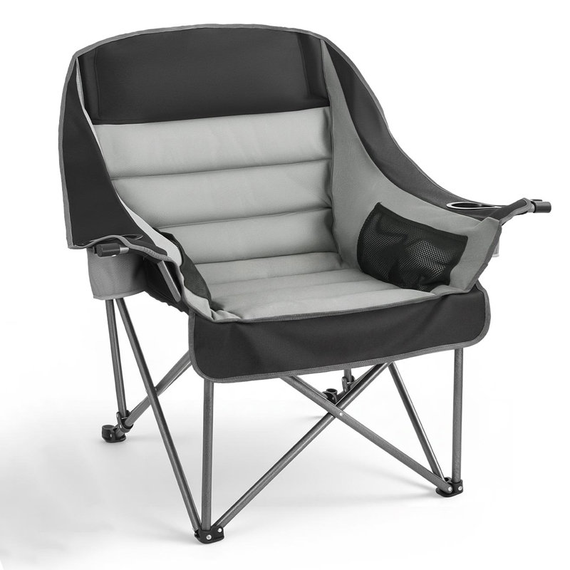 Chaises de camping surdimensionnées, support robuste de 450 lb, chaises de camping pliantes rembourrées portables avec deux porte-gobelets et porte-verres à vin, sac de transport pour l'extérieur, pêche, noir et gris