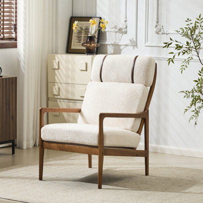 Solid Wood Frame Mid Century Modern Armchair With High Back And Beige Cushions, Comfortable Spot In Living Room, Bedroom, Or Study, Long - Term Use Easy To Keep Clean Boucle Upholstered Armchair,